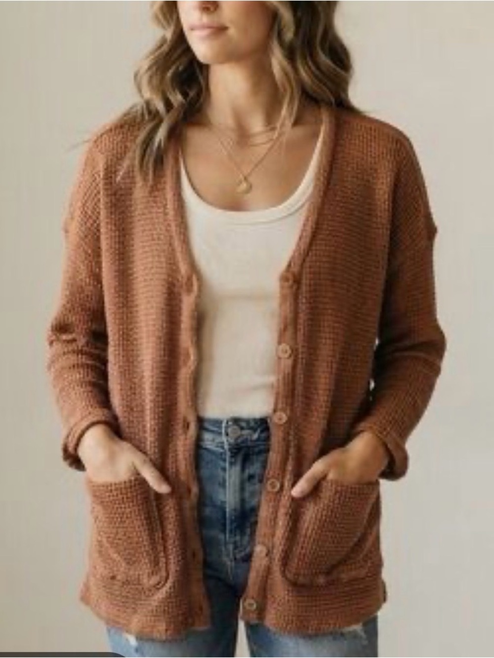 Free People High Hopes Waffle Knit Button-Front Cardigan - Rust Brown